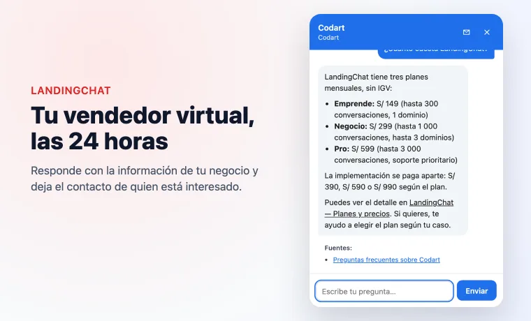 Chat de LandingChat respondiendo a una pregunta con los planes y precios del servicio, con el botón flotante visible sobre una landing